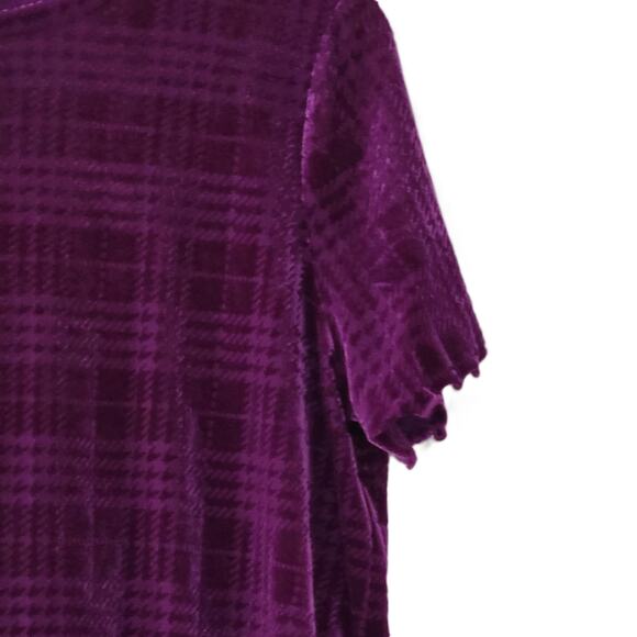 Nine West Purple‎ Plaid Velvet Lettuce Hem Short Sleeve Blouse Size Large - Picture 5 of 11